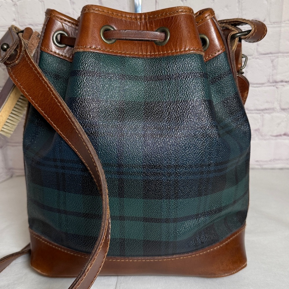 Vintage Polo Rally Lauren Plaid Brown Leather Crossbody Bucket Bag w/Luggage Tag - Picture 6 of 15